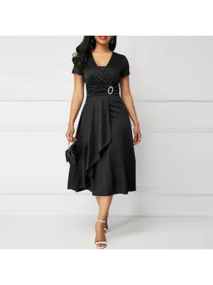 Kadın Kısa Kollu Kruvaze Yaka Kuşak Ve Toka Detay Krep Elbise