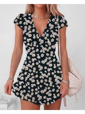 Kadın Kısa Kollu Kruvaze Yaka Papatya Baskılı Krep Elbise