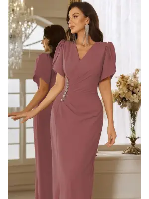 Kadın Kısa Kollu Kruvaze Yakalı Belden çiçek Aksesuarlı Yırtmaçlı Ithal Krep Elbise