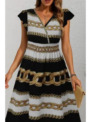 Kadın Kısa Kollu Kruvaze Yakalı Beli Lastikli Desenli Maksi Boy örme Krep Elbise