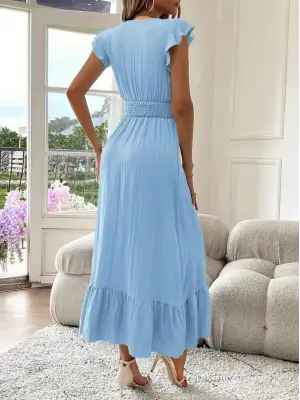 Kadın Kısa Kollu Kruvaze Yakalı Beli Lastikli Müslim Elbise