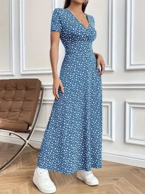 Kadın Kısa Kollu Kruvaze Yakalı çiçek Desenli Süprem Elbise