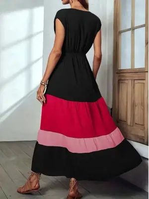 Omarı Çok Renkli Kısa Kollu Kruvaze Yakalı Elbise