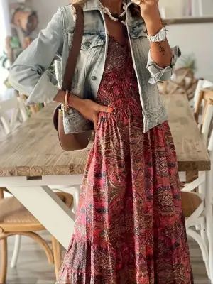 Kadın Kısa Kollu Kruvaze Yakalı Desenli Maksi Boy Süprem Elbise