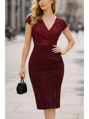 Kadın Kısa Kollu Kruvaze Yakalı ışıltı Detaylı Midi Ithal Krep Elbise