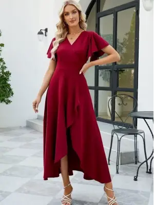 Kadın Kısa Kollu Kruvaze Yakalı ön Asimetrik Volanlı Uzun Ithal Krep Elbise