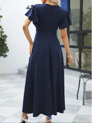 Kadın Kısa Kollu Kruvaze Yakalı ön Asimetrik Volanlı Uzun Ithal Krep Elbise