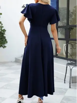 Kadın Kısa Kollu Kruvaze Yakalı ön Asimetrik Volanlı Uzun Ithal Krep Elbise