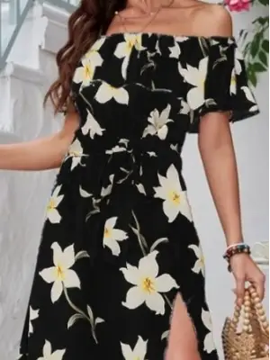 Kadın Kısa Kollu Madonna Yaka Fırfırlı Belden Yırtmaçlı Maksi örme Krep Elbise