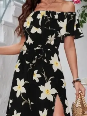 Omarı Kadın Fırfırlı Belden Yırtmaçlı Maksi Elbise