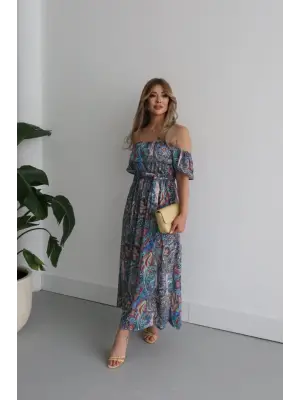 Kadın Kısa Kollu Madonna Yaka Fırfırlı Belden Yırtmaçlı Maksi Süprem Elbise