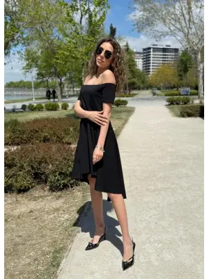 Kadın Kısa Kollu Madonna Yaka önü Kısa Arkası Uzun Ithal Krep Elbise