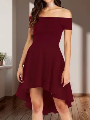 Kadın Kısa Kollu Madonna Yaka önü Kısa Arkası Uzun Ithal Krep Elbise