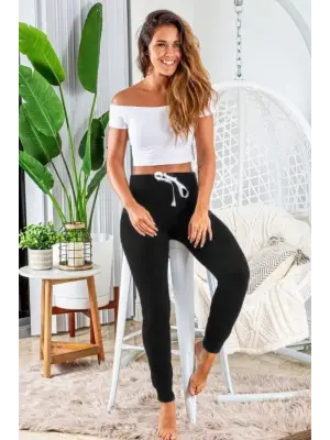 Kadın Kısa Kollu Madonna Yaka Viskon Crop Bluz Cepli Eşofman Takım