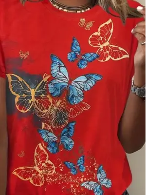 Kadın Kısa Kollu Mavi Sarı Kelebek Baskı Süprem Bluz