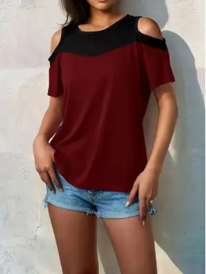Kadın Kısa Kollu Omuzlardan Açık Detaylı çift Renkli Viskon Bluz