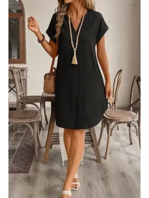Kadın Kısa Kollu önden Düğmeli Ithal Keten Elbise