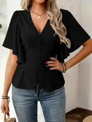 Kadın Kısa Kollu önden Düğmeli Ithal Krep Bluz