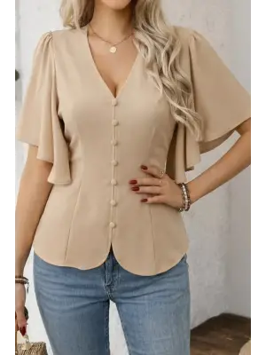 Kadın Kısa Kollu önden Düğmeli Ithal Krep Bluz