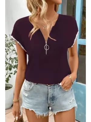 Kadın Kısa Kollu önden Fermuarlı Kol Ucu ışıltılı Viskon Bluz