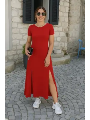 Kadın Kısa Kollu Sırt Dekolteli Yırtmaç Detaylı Viskon Elbise