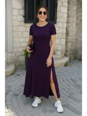 Kadın Kısa Kollu Sırt Dekolteli Yırtmaç Detaylı Viskon Elbise