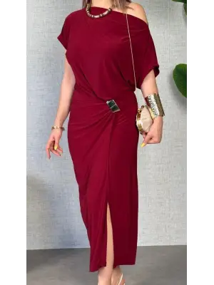 Kadın Kısa Kollu Tek Omuzdan Açık Beli Lastikli Sandy Maxi Elbise