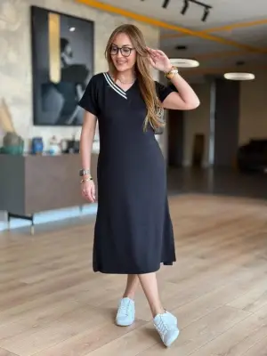 Kadın Kısa Kollu V Ribana Yakalı Yırtmaçlı Midi Viskon Iki Iplik Elbise