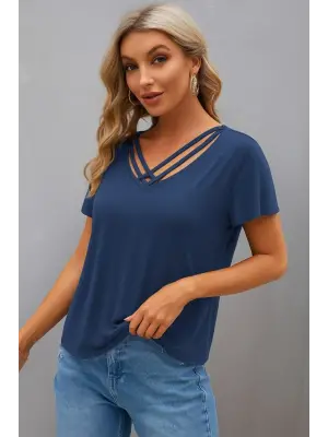 Kadın Kısa Kollu V şerit Yakalı Viskon Bluz