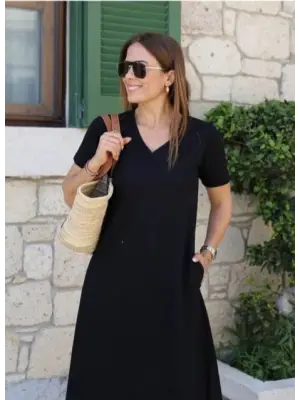 Omarı V Yaka Kadın Elbisesi - Şık ve Rahat Tasarım