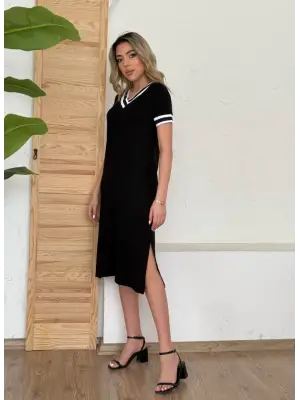 Kadın Kısa Kollu V Yaka Kol Ve Yaka Ribana Detay Midi Boy Viskon Elbise