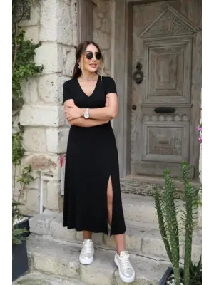 Kadın Kısa Kollu V Yaka Maxi Boy Elbise 124 Cm