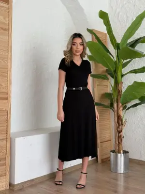 Kadın Kısa Kollu V Yaka Maxi Boy Elbise 124 Cm