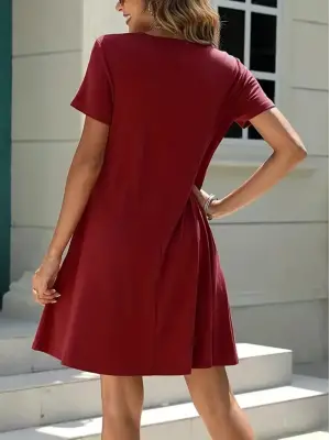 Kadın Kısa Kollu V Yaka önü Düğmeli Viskon Elbise