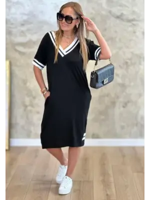 Kadın Kısa Kollu V Yaka Ribana Detaylı Cepli Dizüstü Viskon Elbise