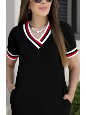 Kadın Kısa Kollu V Yaka Ve Yaka Ribana Detay Midiboy Viskon Elbise