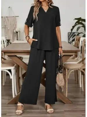 Kadın Kısa Kollu V Yakalı Aerobin Bluz Ve Pantolon Ikili Takım