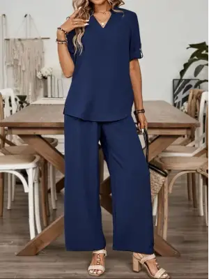 Kadın Kısa Kollu V Yakalı Aerobin Bluz Ve Pantolon Ikili Takım