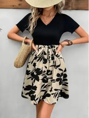Kadın Kısa Kollu V Yakalı Belden Kuşaklı çiçek Desenli üst Viskon Alt Süprem Elbise
