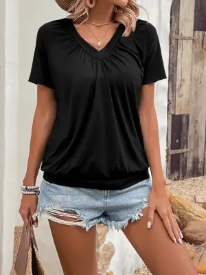 Kadın Kısa Kollu V Yakalı Büzgü Detaylı Viskon Bluz