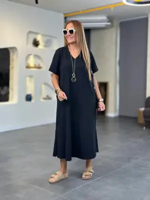 Omarı V Yakalı Kadın Uzun Elbise