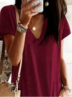 Kadın Kısa Kollu V Yakalı Cepli Kısa Viskon Elbise