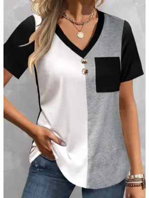 Kadın Kısa Kollu V Yakalı Cepli önden Düğmeli çift Renkli Viskon Bluz