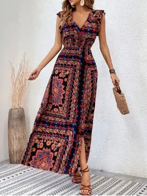 Kadın Kısa Kollu V Yakalı Deseni Yırtmaçlı Süprem Elbise