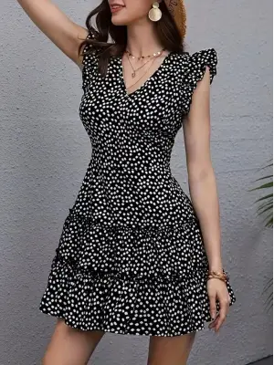 Omarı Yazın Trendi Kadın Fırfırlı V Yaka Elbise