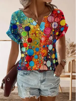 Kadın Kısa Kollu V Yakalı Desenli Süprem Bluz