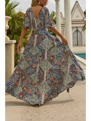 Omarı V Yakalı Desenli Kadın Kısa Kollu Elbise