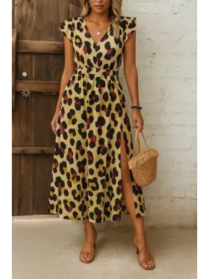 Kadın Kısa Kollu V Yakalı Desenli Yandan Yırtmaçlı Süprem Elbise