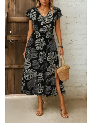 Kadın Kısa Kollu V Yakalı Desenli Yandan Yırtmaçlı Süprem Elbise