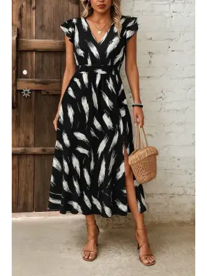 Kadın Kısa Kollu V Yakalı Desenli Yandan Yırtmaçlı Süprem Elbise